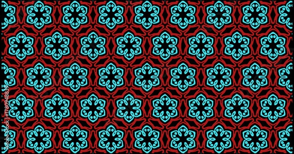 Fototapeta Bold floral geometric pattern in turquoise and red, arranged in a seamless symmetrical layout with stylized petals and dark background for a striking decorative look.