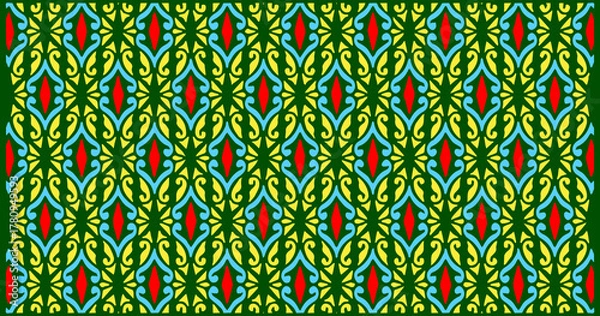 Obraz Green geometric pattern featuring layered leaf-like shapes with red and blue accents, arranged in a repeating symmetrical structure.