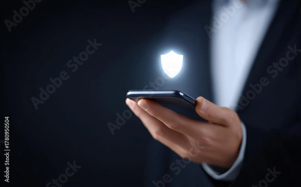 Fototapeta Focused businessman holding smartphone with glowing shield icon. concept of technology for data protection, security, cybersecurity, privacy, and secure network