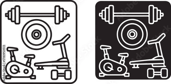 Obraz Two simple line art icons showcasing gym equipment, including a barbell, weight plate, exercise bike, and treadmill, one in black outline on white and the other in solid black on white icon on