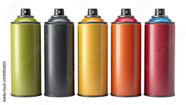 Fototapeta Set of colorful spray paint cans in vibrant shades artistic aerosol containers creative tools for painting close up isolated on white background