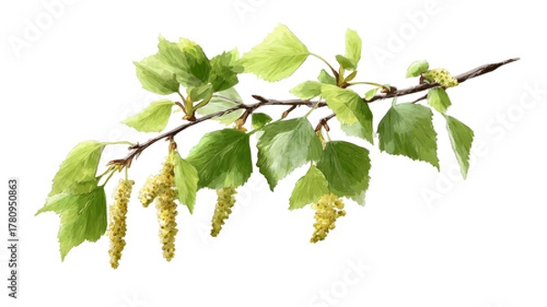 Fototapeta Branch of birch tree with green leaves fresh foliage nature botanical close up isolated on white background