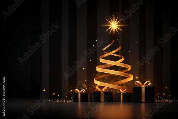 Fototapeta Elegant Gold Ribbon Christmas Tree with Presents and Sparkling Background