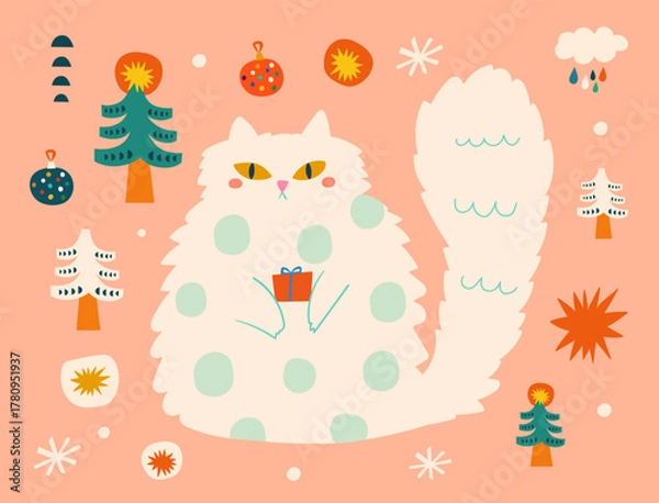 Obraz Funny Christmas card with cat and Christmas tree
