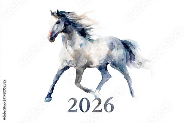 Obraz 白い馬の水彩イラスト(2026のテキスト入り)、干支、午年、年賀状