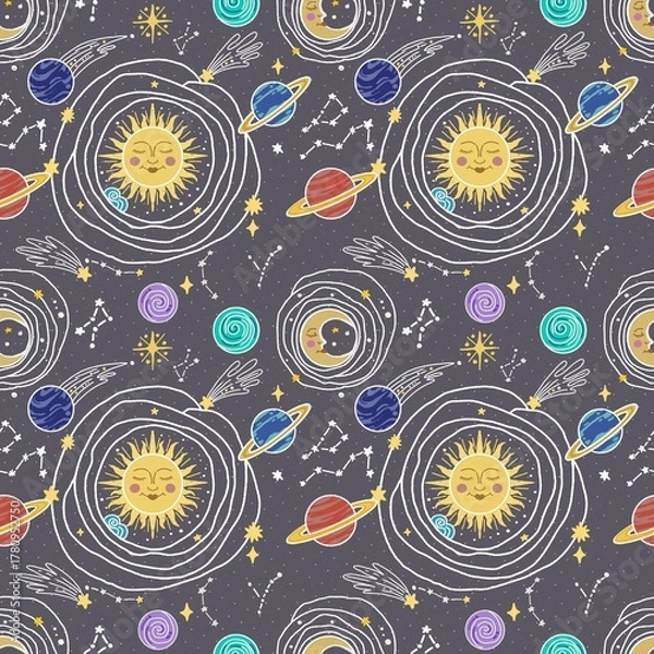 Fototapeta Hand-drawn Celestial Seamless Pattern Sun Moon Planets