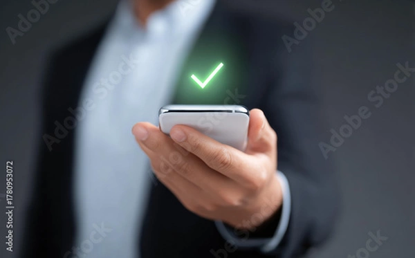 Fototapeta Confident businessman holding smartphone showing green glowing checkmark icon. Symbol of success, approval, and verified, secure, or complete task using technology