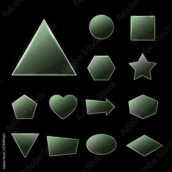 Fototapeta Green glass plates set. Triangle square rectangle hexagon, pentagon, star, heart, circle textured frames with glow and light on dark background. Technology shapes. Realistic vector illustration.