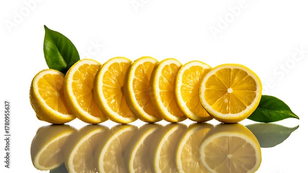 Fototapeta Perfect row of fresh, vibrant yellow lemon slices with green leaves and reflection, isolated on white.