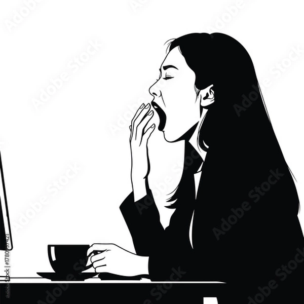 Fototapeta Tired businesswoman yawning at desk with coffee mug in monochrome