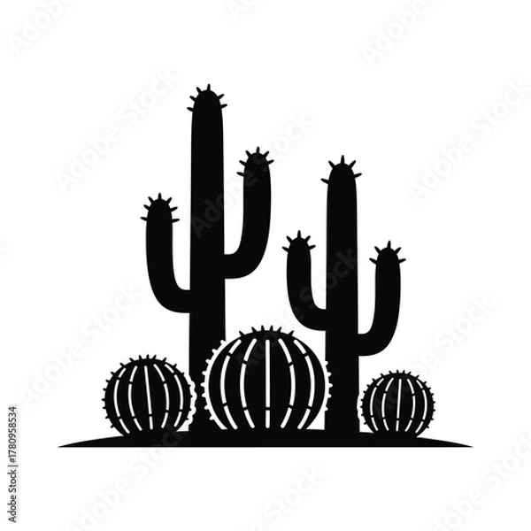 Fototapeta Stylized saguaro and barrel cacti group desert plant silhouette