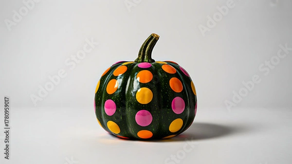 Fototapeta Dark emerald green decorative mini pumpkin with vibrant hot pink and orange polka dots for modern autumn art.