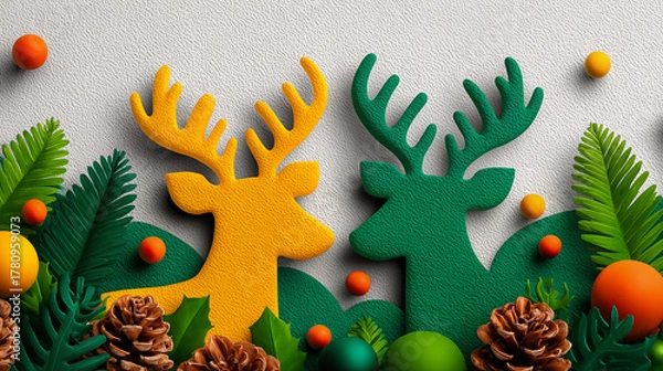 Fototapeta Christmas and New Year background with reindeer, pine cones, balls and leaves.