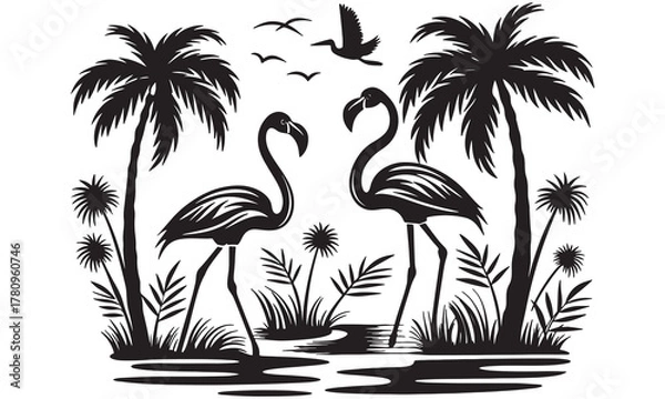 Obraz Tropical Flamingo Couple with Palm Trees – Island Lagoon Silhouette Vector