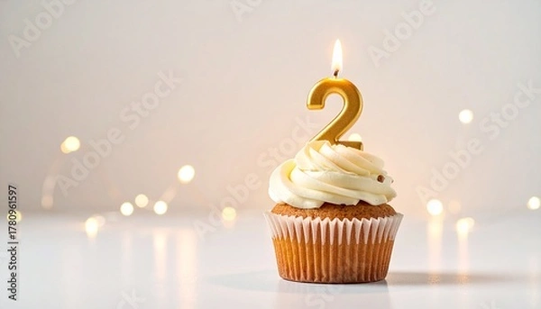 Fototapeta A Delicious Cupcake Celebrates a Second Birthday with a Lit Candle and Creamy Frosting