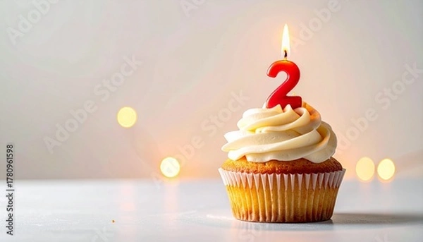 Fototapeta Glowing red number two candle on a beautifully frosted cupcake, symbolizing a second birthday or anniversary with a warm, festive bokeh backdrop