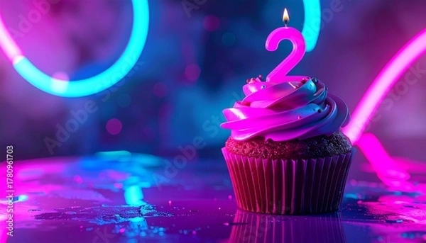 Fototapeta A delicious cupcake with a lit candle shaped like the number two, set against a vibrant neon backdrop