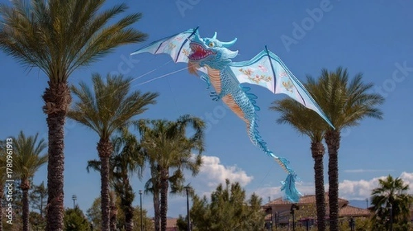Fototapeta A vibrant blue dragon kite soars amidst palm trees against a clear sky