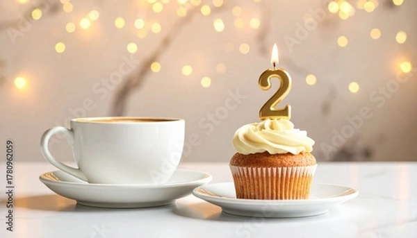 Fototapeta Sweet celebration of a second milestone a charming cupcake with a glowing number two candle, a warm coffee cup, and sparkling background lights