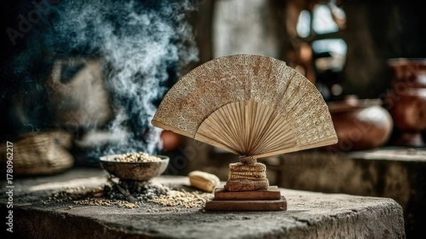 Fototapeta A rustic wooden fan, smoke rising from a bowl