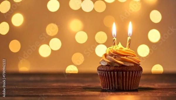 Fototapeta Festive Cupcake with Lit Candles A Celebration of Birthdays and Joyous Occasions
