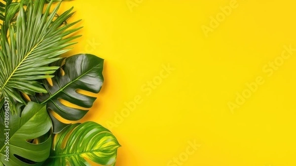 Obraz Vibrant green tropical leaves placed over bold yellow background, perfect for modern wall art or design