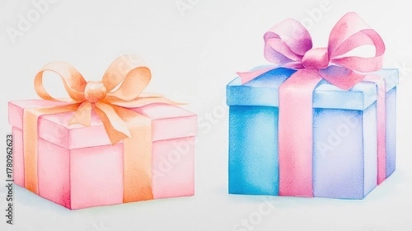 Obraz Watercolor art featuring two elegant gift boxes with vibrant ribbons, white canvas background