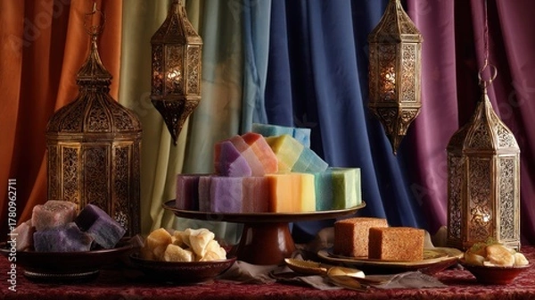 Fototapeta Colorful cubed soaps, displayed on a tiered stand, amidst ornate lanterns and draped fabrics