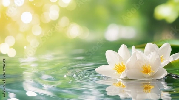 Obraz White petals float gently on calm water, with soft bokeh background, symbolizing purity and relaxation, ideal for spa or wellness themes
