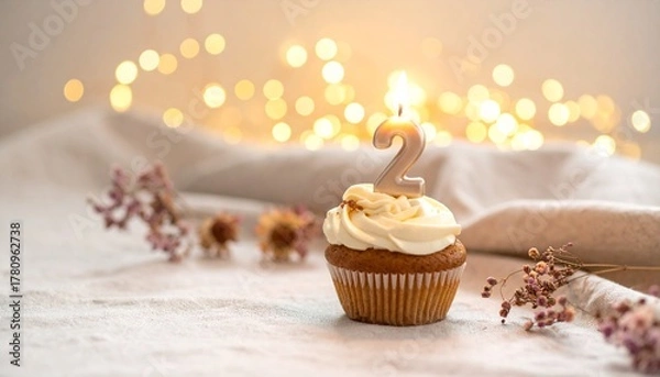 Fototapeta Enchanting second birthday celebration captured with a glowing number two candle atop a delicious cupcake, set against a backdrop of soft, blurred golden bokeh lights creating a magical atmosphere