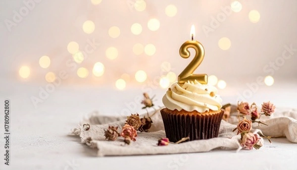 Fototapeta A festive cupcake with white cream frosting and a lit golden number two candle, celebrating a second birthday or anniversary against a soft bokeh background