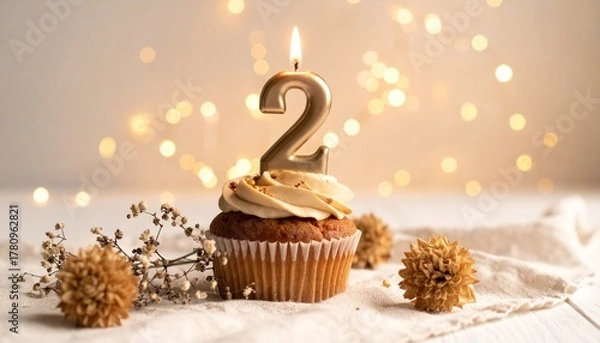 Fototapeta Celebrating Two Years A Warm Cupcake with a Number Candle