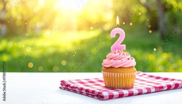 Fototapeta Celebrate Second Birthday Cupcake with Number Two Candle on Checkered Cloth