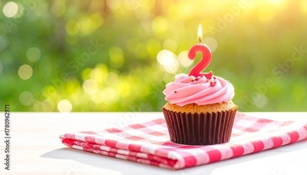 Fototapeta A delicious cupcake with pink cream frosting, adorned with sprinkles and a lit '2' candle, sits on a checkered cloth on a table with a blurred green background