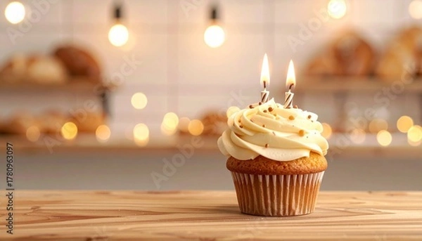 Fototapeta Single vanilla cupcake with creamy frosting and two lit candles for a 22nd birthday party, set on a wooden surface against a bokeh light backdrop