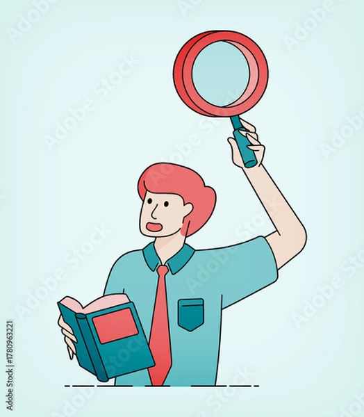 Fototapeta Line art illustration of a student holding a book and magnifying glass to find answers. Can be used for banners, ads, brochures and website pages