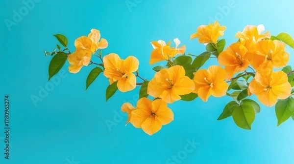 Obraz Yellow bougainvillea branch isolated on vibrant blue backdrop, bold floral pattern ideal for digital or wall use