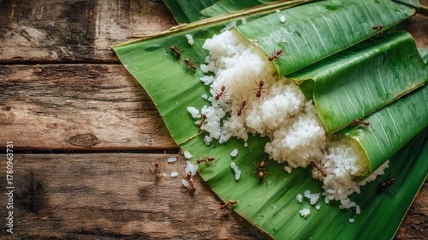 Fototapeta Rice wrapped in banana leaves, ants crawling