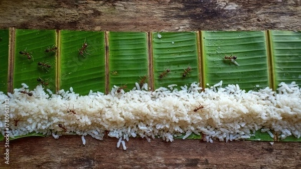 Fototapeta Ants on banana leaves with rice
