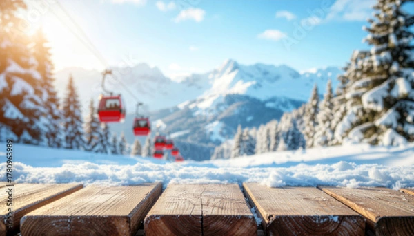 Obraz Red ski cable cars above snowy alpine forest with wooden platform foreground and sunlight, perfect for winter travel background or tourism banner design