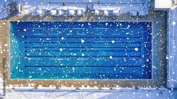 Fototapeta Empty swimming pool covered in snow. Aerial view