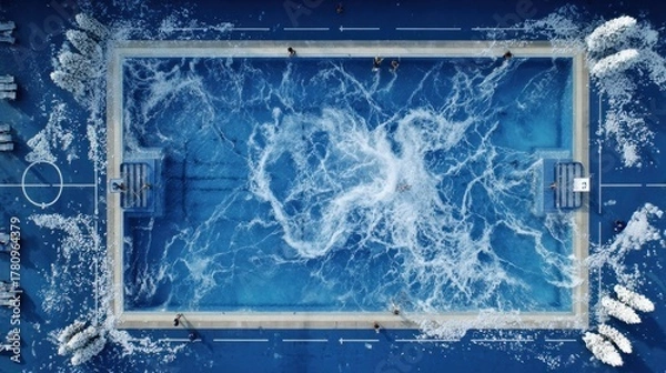 Fototapeta Aerial view of a vibrant, splashing swimming pool, designed like a sports field, with people enjoying the water