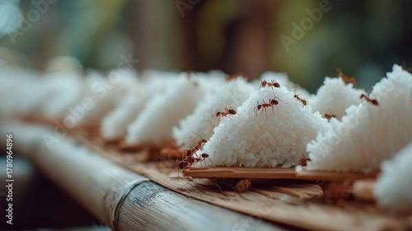 Fototapeta Tiny red ants on small mounds of white rice on bamboo