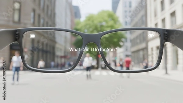 Fototapeta The city view through a smart glasses with glowing assistant prompt, showing wearable tech and advanced process control guidance
