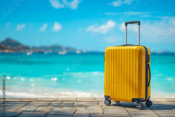 Obraz Yellow luggage baggage suitecase bag on the floor road streat with beautiful sea background landscape in travel trip