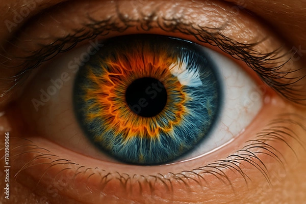 Fototapeta A close-up macro shot of a human eye reveals a striking iris surrounded by vibrant rings