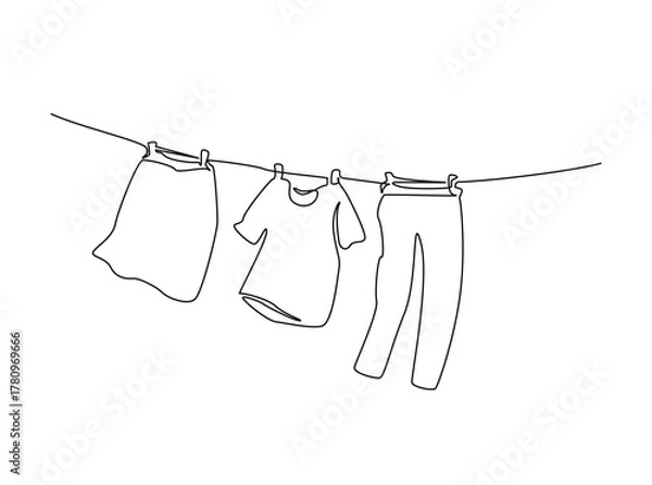Fototapeta Clothes hang on laundry rope clothesline outline draw illustration. Continuous line art drawing of laundry clothesline in outdoor. Editable stroke.