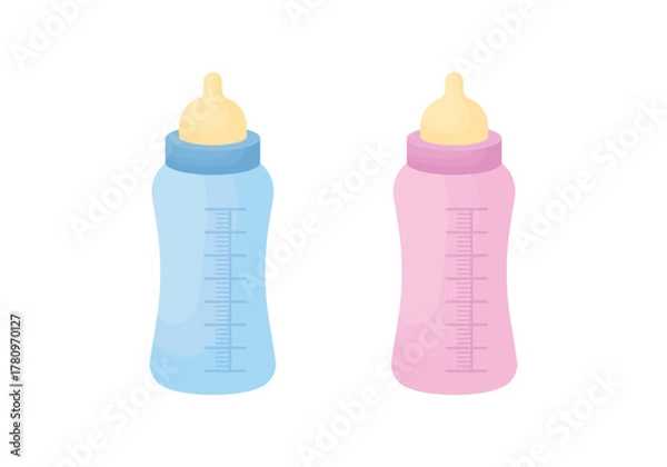 Fototapeta A baby bottle for formula, isolated on a white background, for a girl and a boy. Baby items. Blue and pink baby bottles.