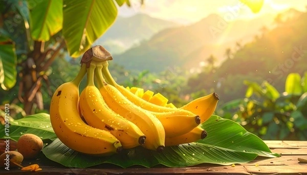 Fototapeta Bunch of ripe bananas on a table with a scenic mountain backdrop