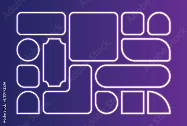 Fototapeta White Neon Geometric Shapes Arranged on a Purple Gradient Background abstract border